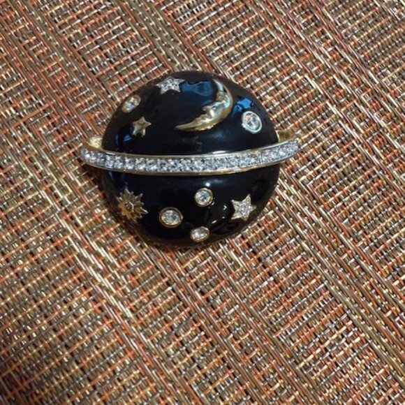 Swarovski Swan Signed Black Enamel Crystals Celestial Planet Brooch Stars Moon - Picture 4 of 12